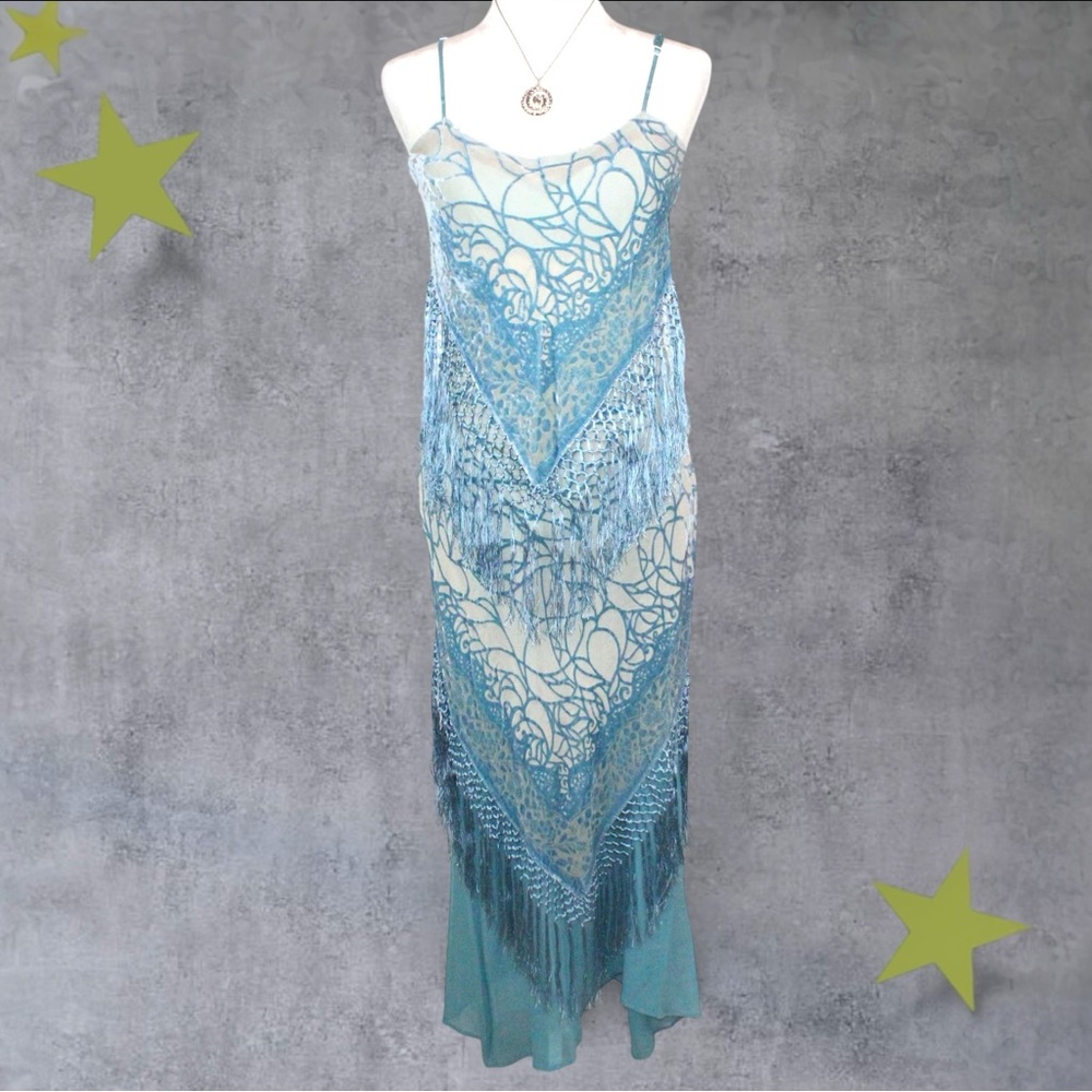 Aris A. 80% Silk and Velvet Vintage Blue Fringe Maxi Dress